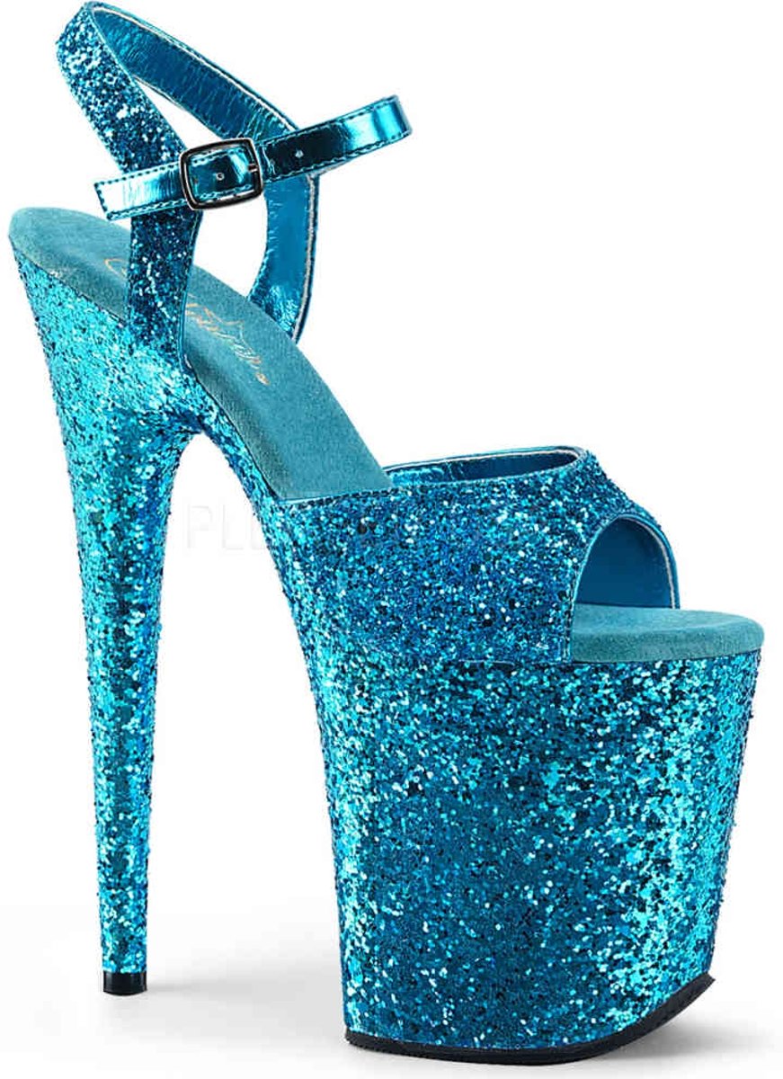 EU 36 = US 6 | FLAMINGO-810LG | 8 Heel, 4 PF Glitter Ankle Strap Sandal, Aqua Glitt